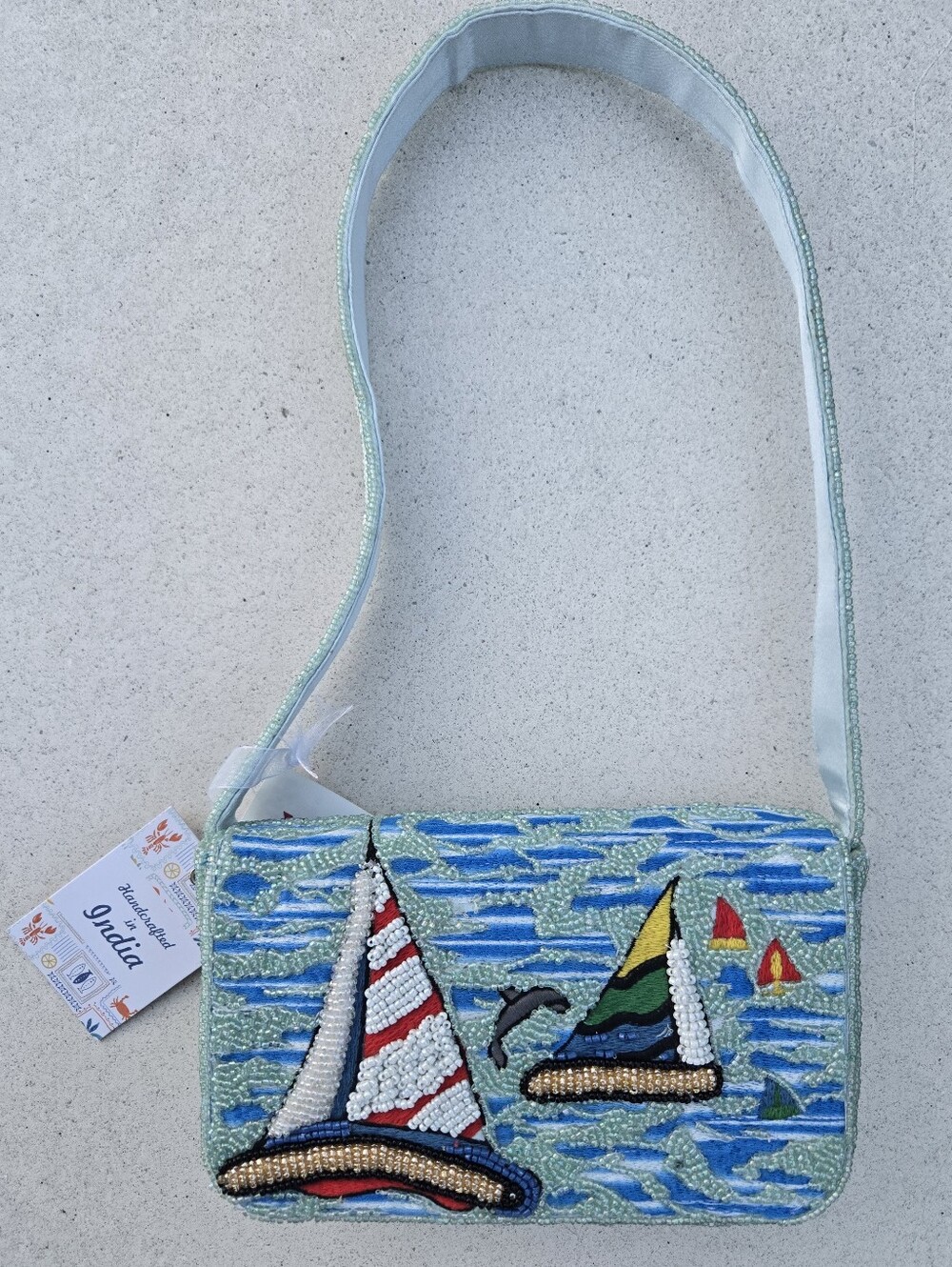 ⛵️ Viral Beaded Summer Purse- Light Blue Striped Sailboat Shoulder Bag